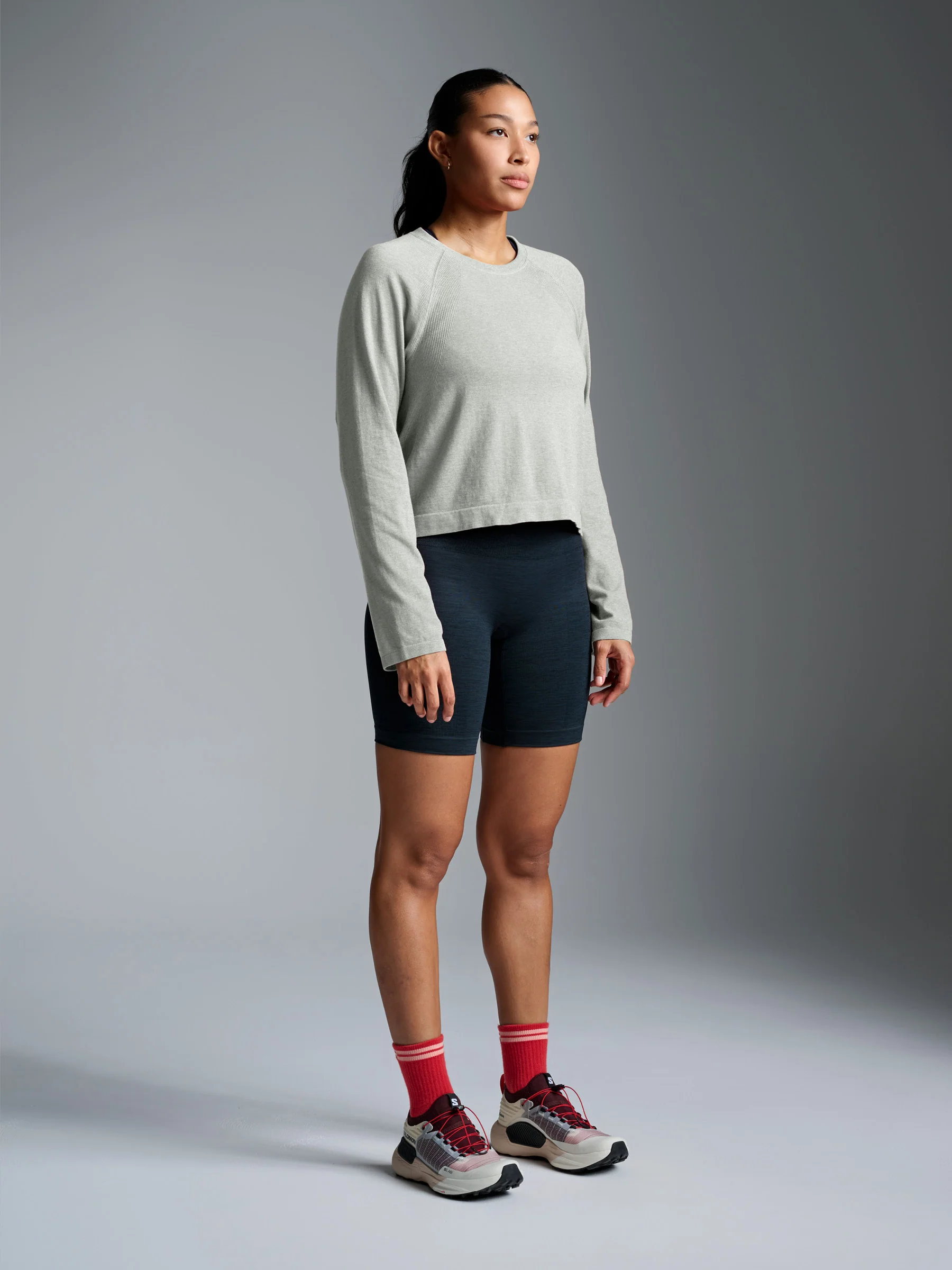 HERE TODAY MELANGE Cropped Long Sleeve Tee Sage Marl - Image 4